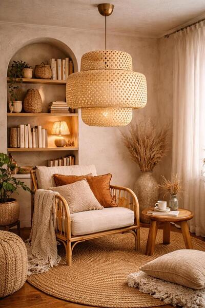 Ömür Avize Trudy 40x40 bambu Modern Tasarım Oturma Odası Avize