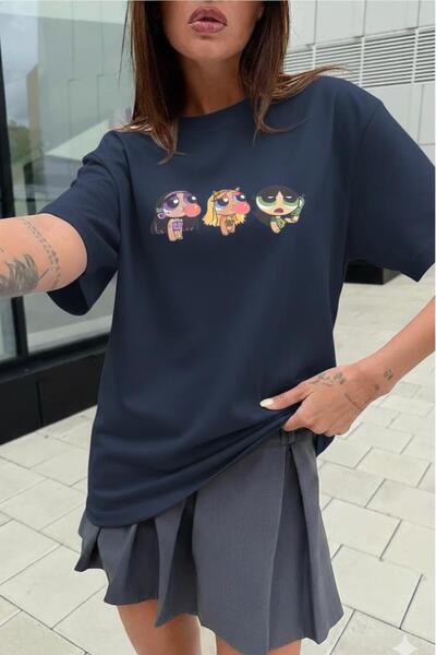 NO 601 Women's Navy Blue Ppg Printed Oversize Tshirt