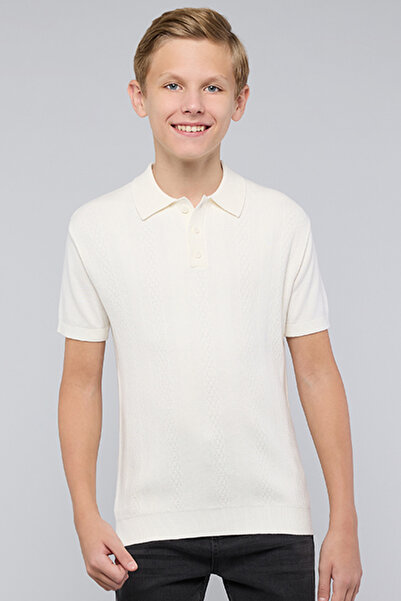 R&B Boy's Cream Self Patterned Polo T-Shirt with Short Sleeves