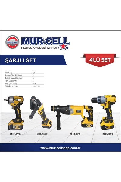 Mur-Cell Şarjlı 4'lü Muhteşem Set 13 MM Matkap-115 MM Taşlama-450 NM Somun Sö...