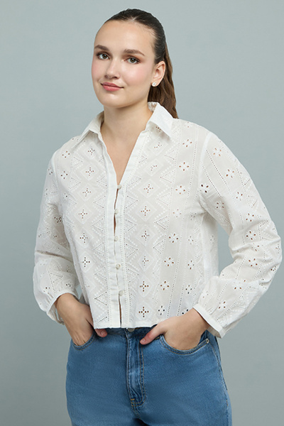 R&B Women's Cream Schiffli Shirt with Classic Collar and Long Sleeves
