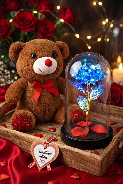 Fidan oyuncak Romantic Valentine's Day Gift Set 25 cm Plush Bear, Lighted Ros...
