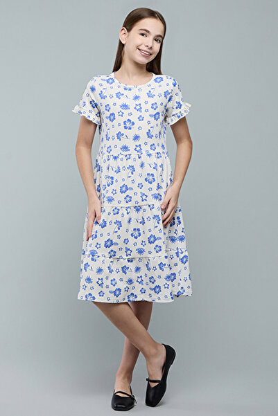 R&B Girl's Blue Printed Tiered Dress with Cre Neck and Short Sleeves