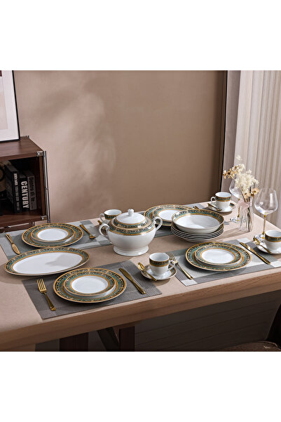 Malooki Emerald Royal Gold Porcelain Dinner Set for 12 People, 64 Pieces, Gre...