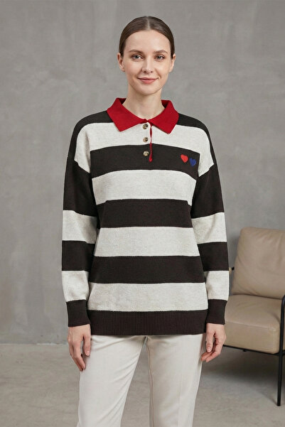 Kirazgym Women's Shirt Collar Buttoned Heart Embroidered Knitwear Tunic - Dar...