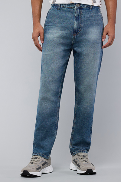 R&B Men's Dark blue Washed Straight Fit Jeans with Button Closure