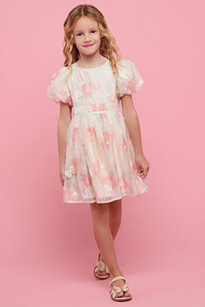 R&B Girl's Cream Floral Printed Dress with Crew Neck and Puff Sleeves