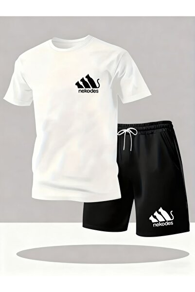 AEMİ Unisex Three Cats Printed Shorts Tshirt 2-Piece Top and Bottom Set