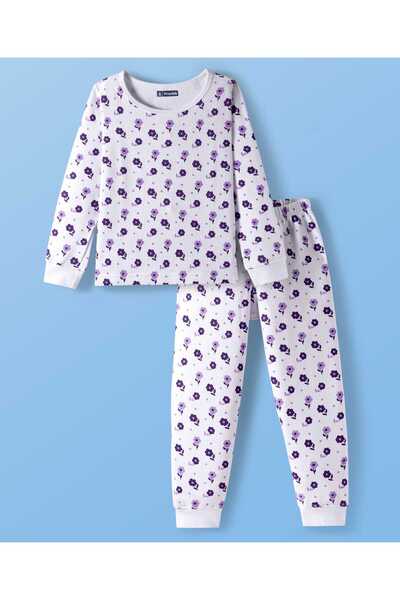 Pine kids Cotton Thermal Vest and Pant Co-ords Set with Floral Print - White
