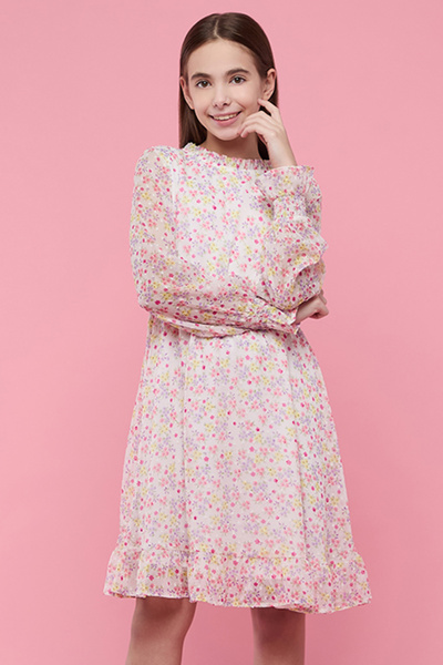 R&B Girl's White Floral Print Flared Dress with Crew Neck and Puff Sleeves