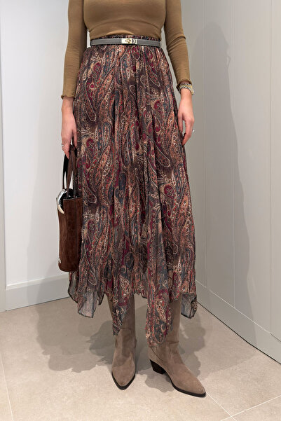 MAGARDE Shawl Patterned Lined Chiffon Skirt - Bordo