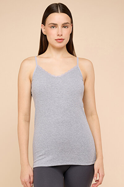R&B Women's Gray Lace Trim Ribbed Camisole