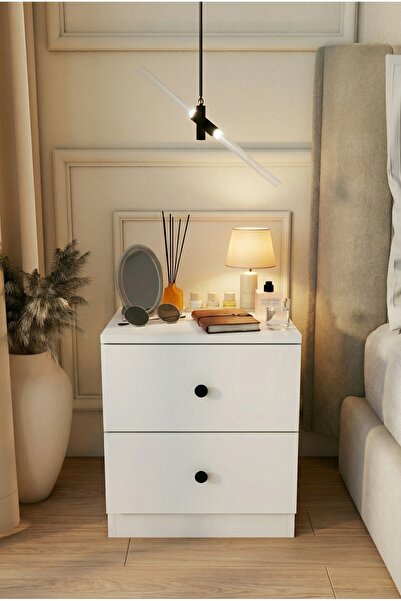 MONTENERO Komodin Parlak Beyaz 2 Çekmeceli Modern Bazalı Komodin