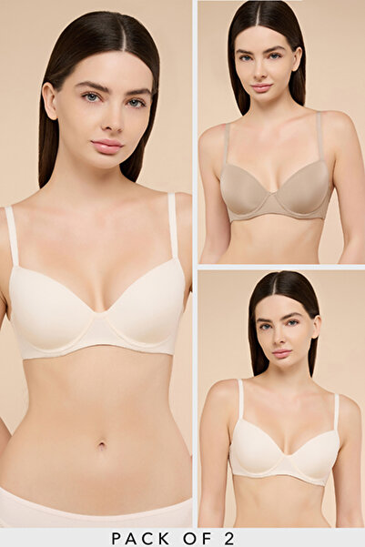 R&B حمالات صدر نسائية بلون كريمي، عبوة من قطعتين، بتصميم تيشيرت سادة