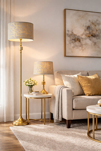 AbajurAksesuar Jamal Bronz - Gray Double Lampshade and Floor Lamp