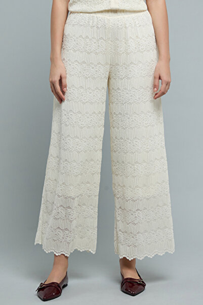R&B Women's Cream Lace Wide Leg Pants with Elastic Waist