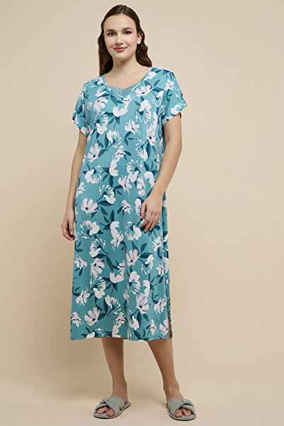 R&B Women's Green Floral Printed Nightdress with Crew Neck and Short Sleeves