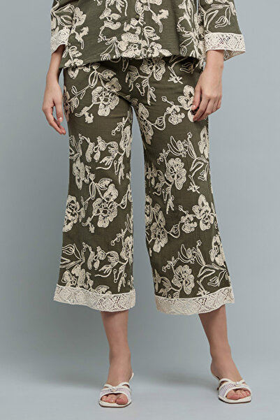 R&B Women's Green Printed Wide Leg Pants with Button Closure
