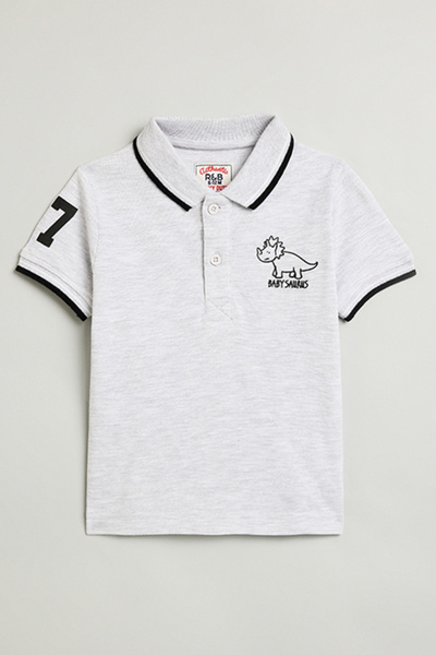 R&B Boy's Gray Printed Polo T-Shirt with Short Sleeves