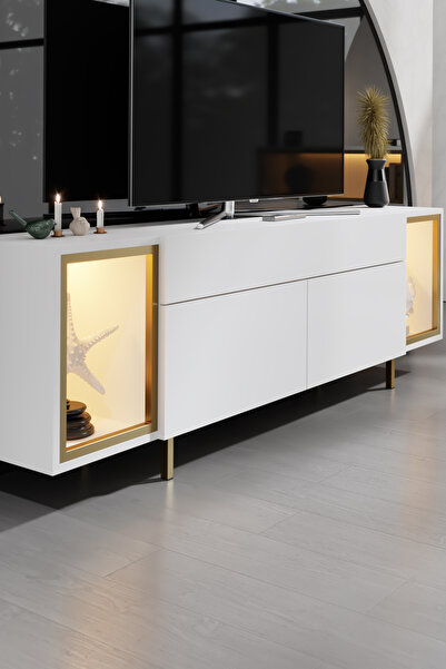 Modatte ZENİTH TV ÜNİTESİ RGB LED IŞIKLI GOLD DEMİR AYAKLI RAFLI DOLAPLI BEYAZ TV SEHPASI