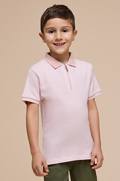 R&B Boy's Pink Self Patterned Polo T-Shirt with Short Sleeves