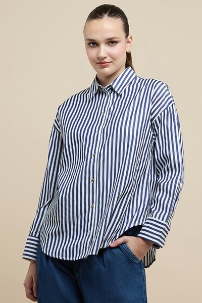 R&B Women's Dark blue Striped Shirt with Classic Collar and Long Sleeves