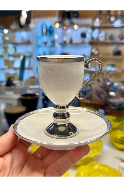 ACAR AYAKLI BEYAZ-GÜMÜŞ 6 KİŞİLİK TÜRK KAHVESİ FİNCANI