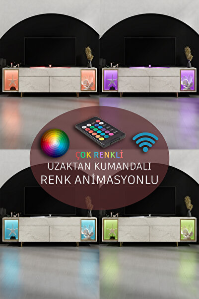 Modatte ZENİTH TV ÜNİTESİ RGB LED IŞIKLI GOLD DEMİR AYAKLI RAFLI DOLAPLI TRAVERTEN TV SEHPASI