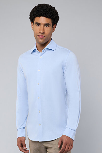 R&B Men's Blue Solid Shirt with Classic Collar and Long Sleeves