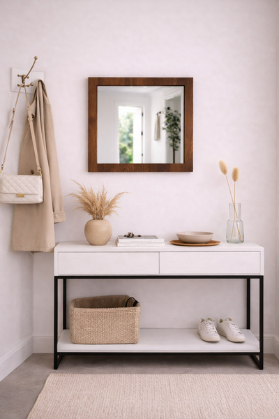 TR 50 + 38 Cm Ceviz Ahşap Kare Ayna - Antre Hol Banyo Mutfak Salon Wc Aynası ...