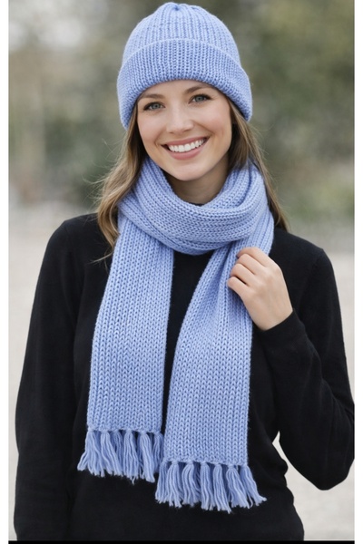 yucian Sıcak Tuşeli Yün Örgü Atkı Bere Buz Mavisi