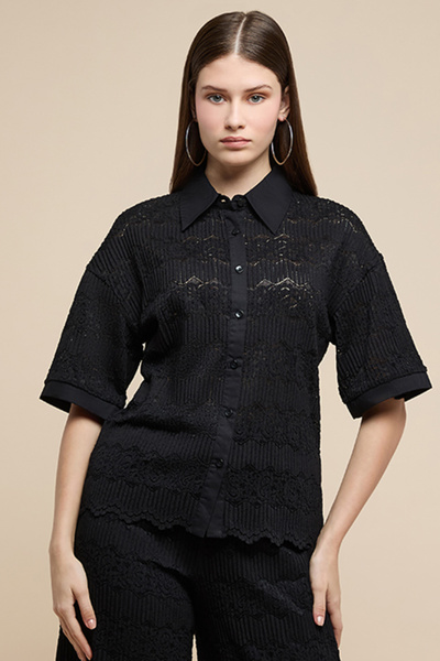 R&B Women's Black Lace Shirt with Classic Collar and Short Sleeves