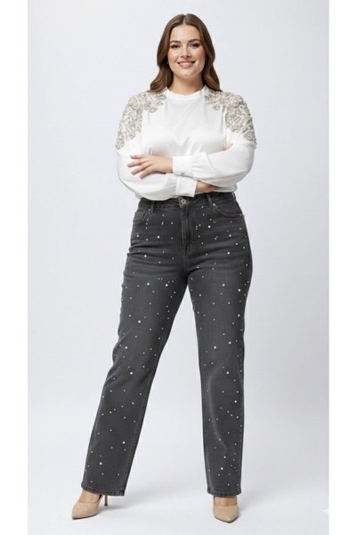 nd jeans Premium Plus Size Jeans Wide Leg High Waist Pearl Stone-Detail Denim Trousers - Smoky