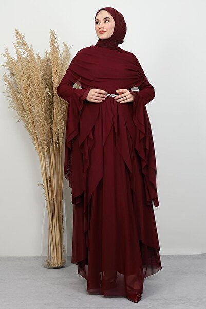 GİYZAMİLA Livya Tulle Evening Dress Burgundy