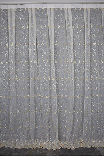 AKÇA TEKSTİL Embroidery 14 Model Cream Color Single Wing Ready-Made Pleated B...