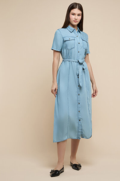 R&B Women's Blue Washed Denim Shirt Dress with Classic Collar and Short Sleeves