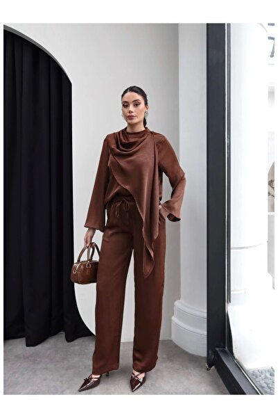ESRAHELVACI Satin Shawl Blouse and Pants Set