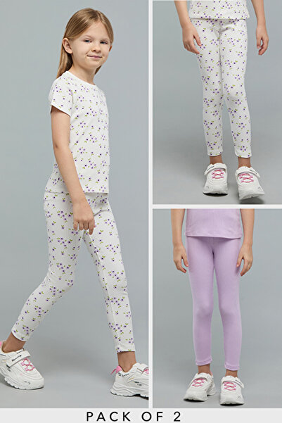 R&B Girl's Multicolor 2 Pack Ribbed Leggings With Elastic Waist
