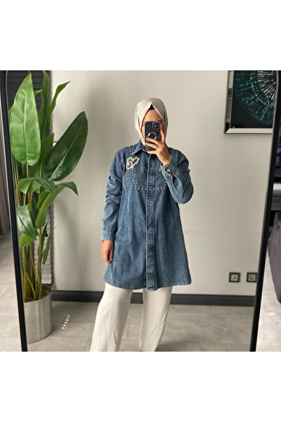 SARE BOUTIQUE Women's Hijab Stone Embellished Denim Tunic