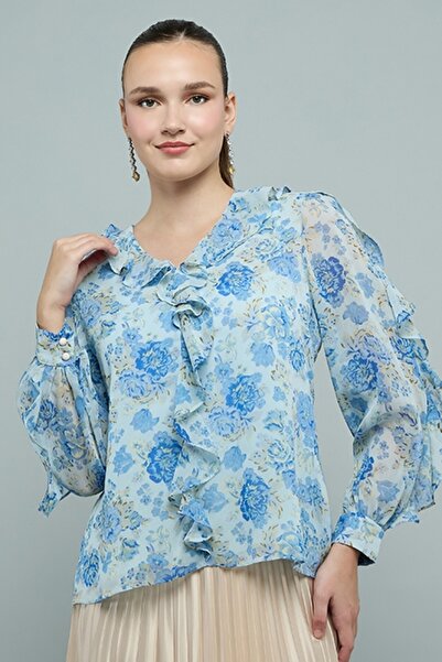 R&B Women's Blue Floral Printed Top with V-Neck and Long Sleeves