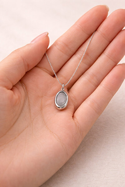 POYASE Gümüş Oval Taşlı Kolye Minimal Zarif Günlük Kullanım