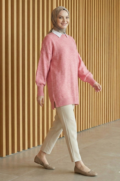 Kirazgym Γυναικείο πλεκτό πουλόβερ με λαιμόκοψη και μανίκια μπαλόνι - Yavruağzı