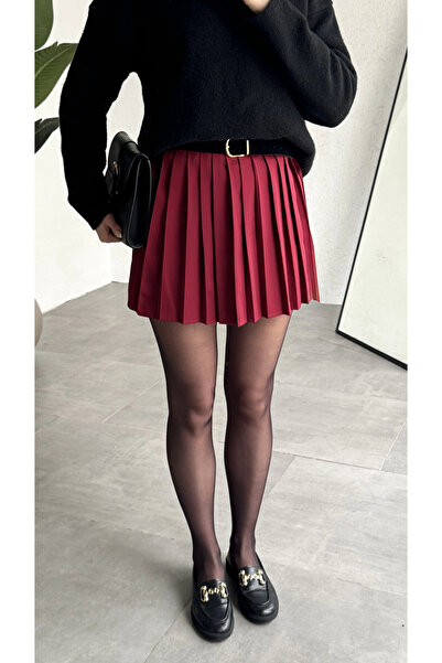 asfamoda Fusta mini plisată, cu spatele deschis, de damă, bordeaux, cu talie ...