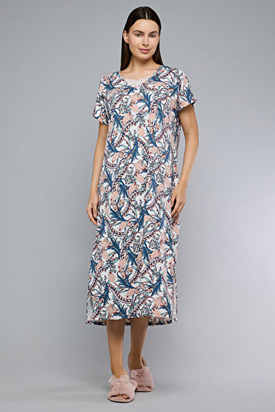 R&B قميص نوم نسائي متعدد الألوان بنقوش مميزة، بياقة على شكل حرف V وأكمام قصيرة