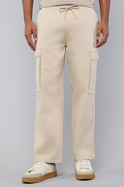 R&B Men's Beige Solid Cargo Jeans with Drawstring Waist
