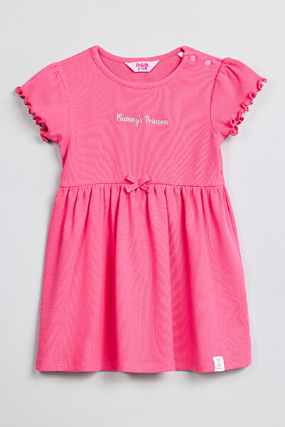 R&B Girl's Pink Ribbed Fit & Flare Dress with Crew Neck and Short Sleeves