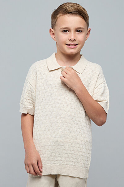R&B Boy's Beige Textured Polo T-Shirt with Short Sleeves