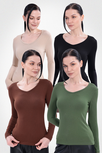 Yade Fashion V Yaka Uzun Kollu Kadın Body 4'lü Set