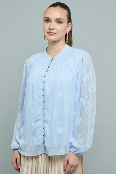 R&B Women's Blue Jacquard Top with Mandarin Collar and Balloon Sleeves