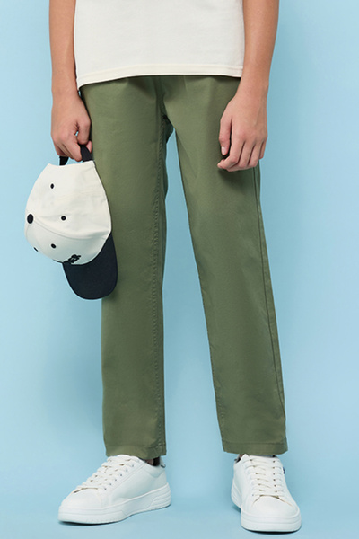 R&B Boy's Green Solid Straight Fit Pants with Drawstring Waist